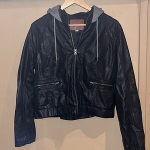 Miss London faux leather cropped hoodie motorcycle zip up jacket size XL